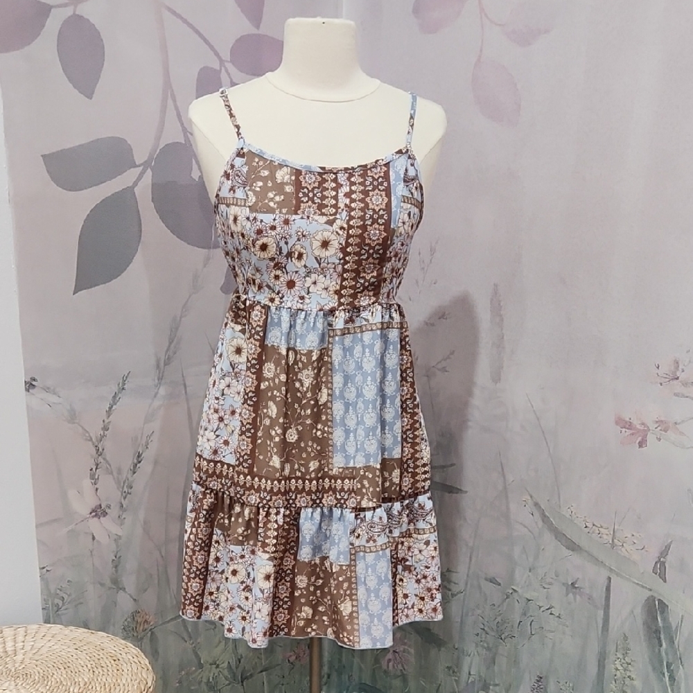 Altar'd State Girls Patchwork Spaghetti Strap Dress - Brown and Blue Small
